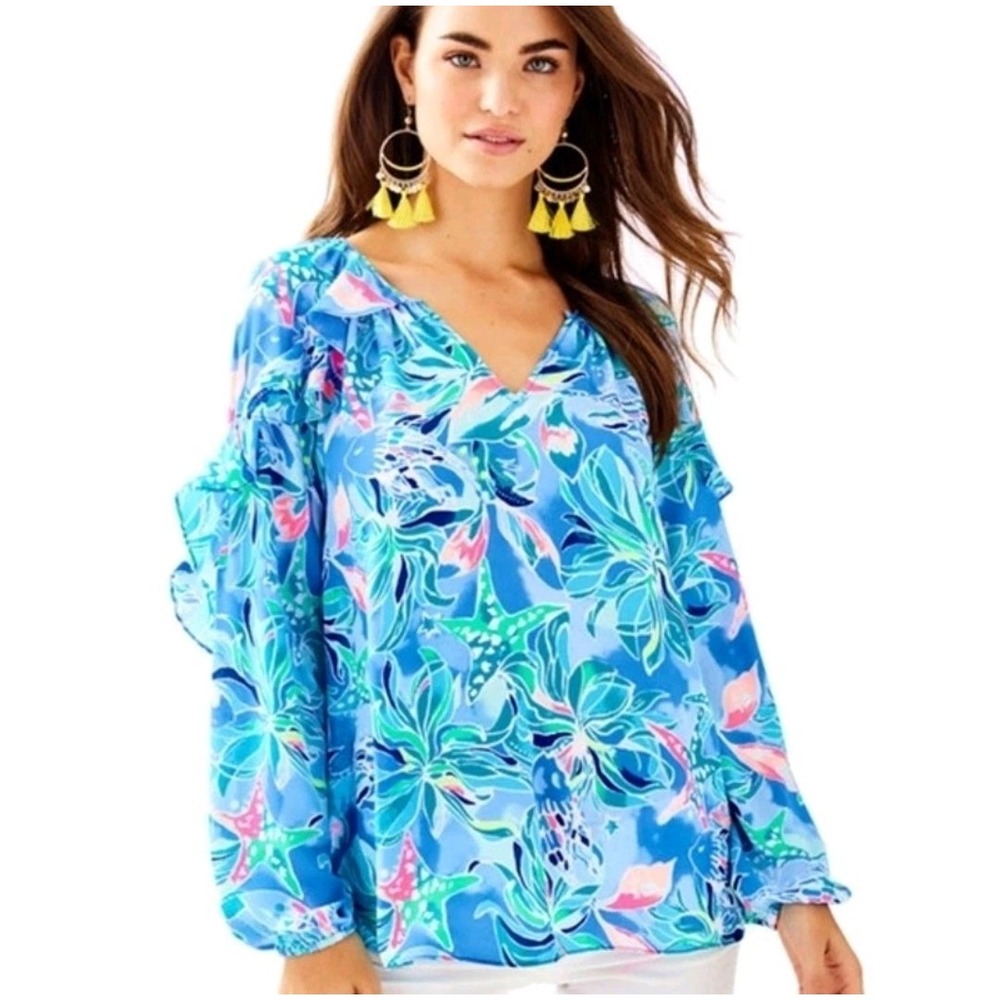 Lilly Pulitzer Elora Top Ruffle Bennet Blue Celestial Seas Starfish Size Small